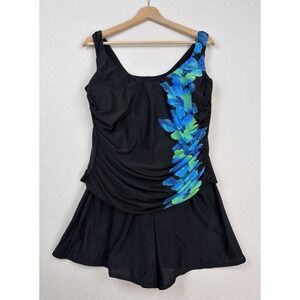 Trimshaper Black Floral One Piece Swimsuit Shorts Dress Bottom Size 16 XL